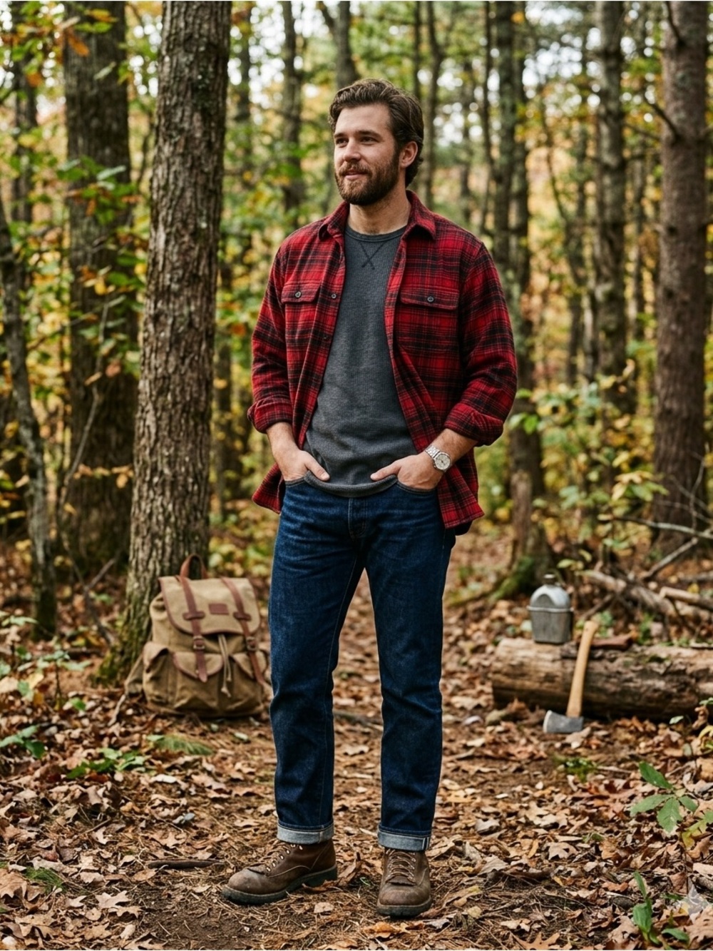 L.L. Bean Red and Black Plaid Chamois Shirt